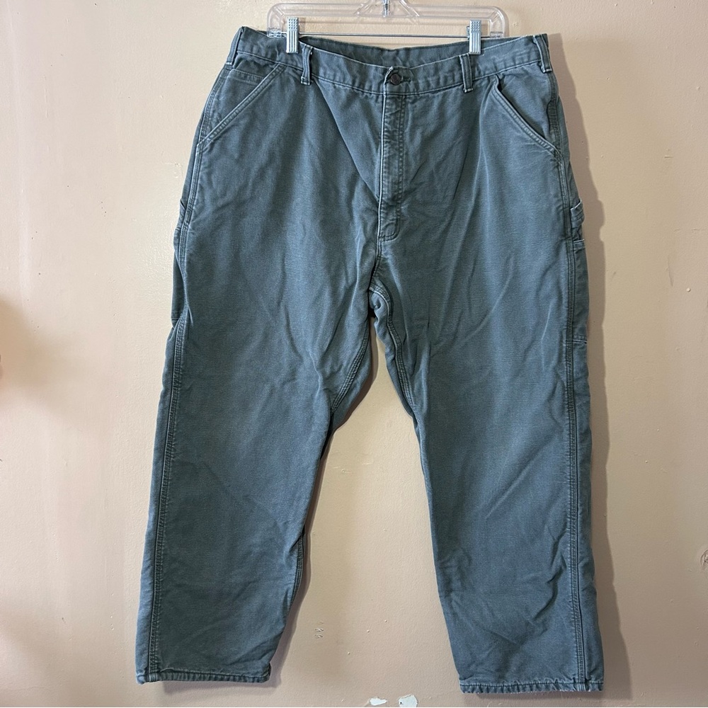 Carhartt Flannel Lined Green Moss Carpenter Dungaree Jeans 42x30 B111 MOS